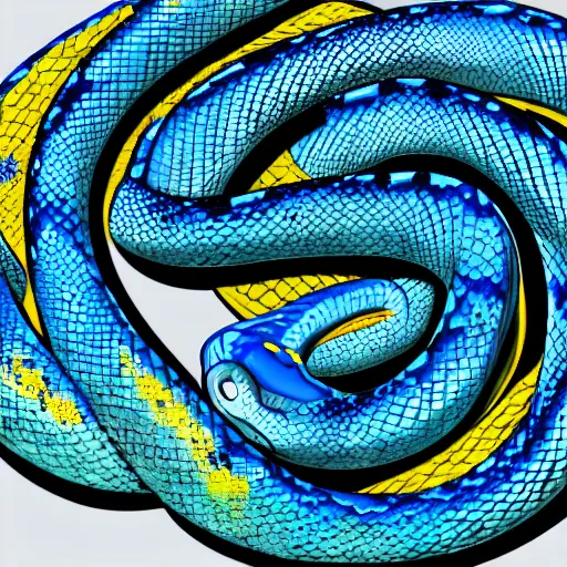 Image similar to shiny blue and yellow python snake, high detail, fantasy art, concept art, 4 k, ultra detail, computer art