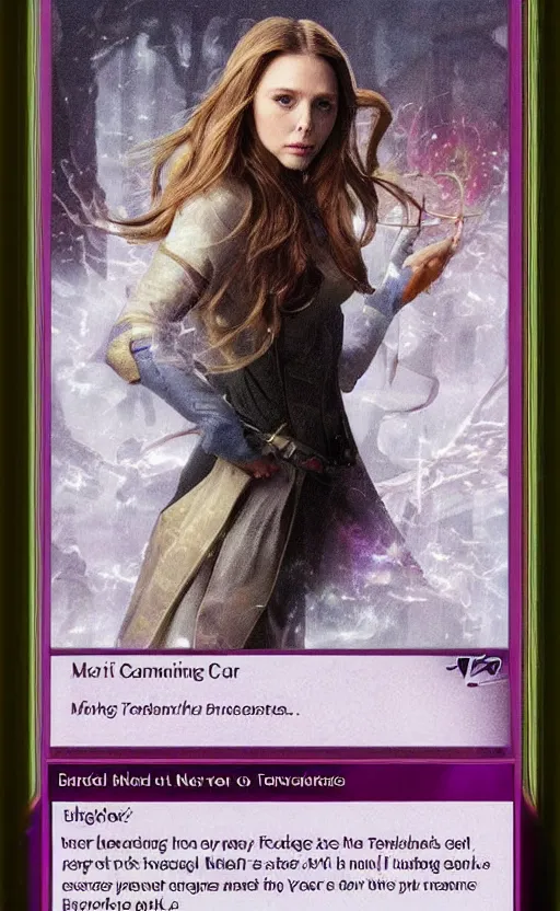 Image similar to mtg card trading, fantasy mtg card of elizabeth olsen, screenshot