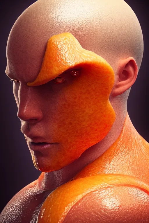 Image similar to channing tatum wearing a costume of peach fruit pit, ef 8 5 mm f 1. 8 usm, bionic scifi alexandre ferra, hyper detailed, digital art, trending in artstation, cinematic lighting, studio quality, smooth render, unreal engine 5 rendered, octane rendered