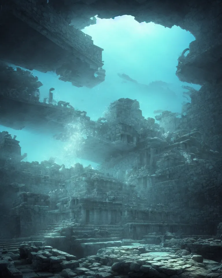 Image similar to ultrawide shot of submerged pre - incan temple, anime style mixed with fujifilm, dark, underwater, symmetrical, bubbles, abyss, dark, murky, foggy, atmospheric, crepuscular rays, artstation, cgsociety, octane render, cgi, unreal engine 5, denoise, detailed, cinematic masterpiece