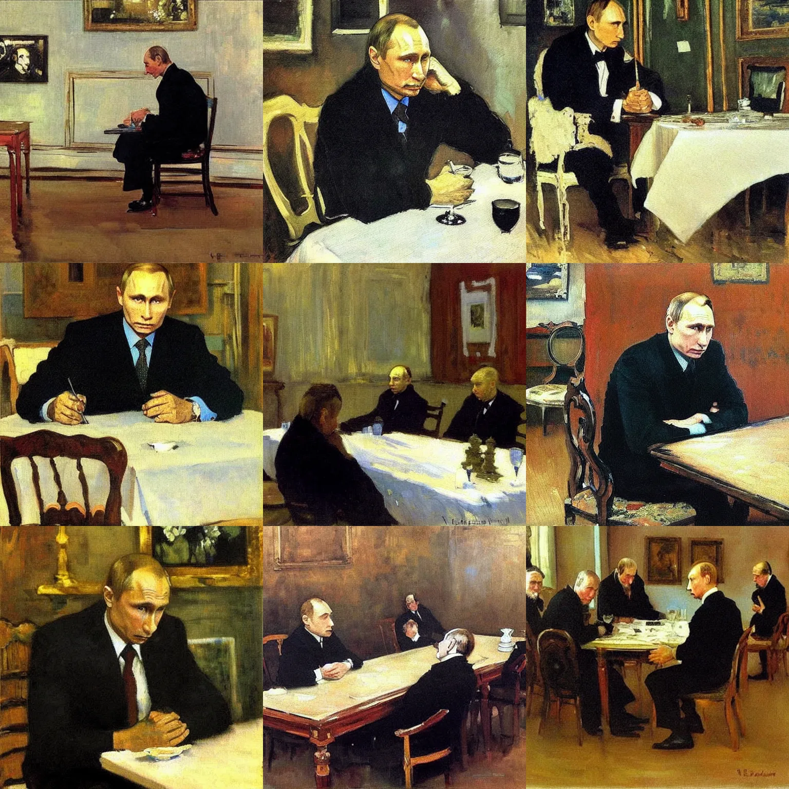 Prompt: very old sad vladimir putin sitting at heading a very long empty table. painting by valentin serov tretiakov gallery