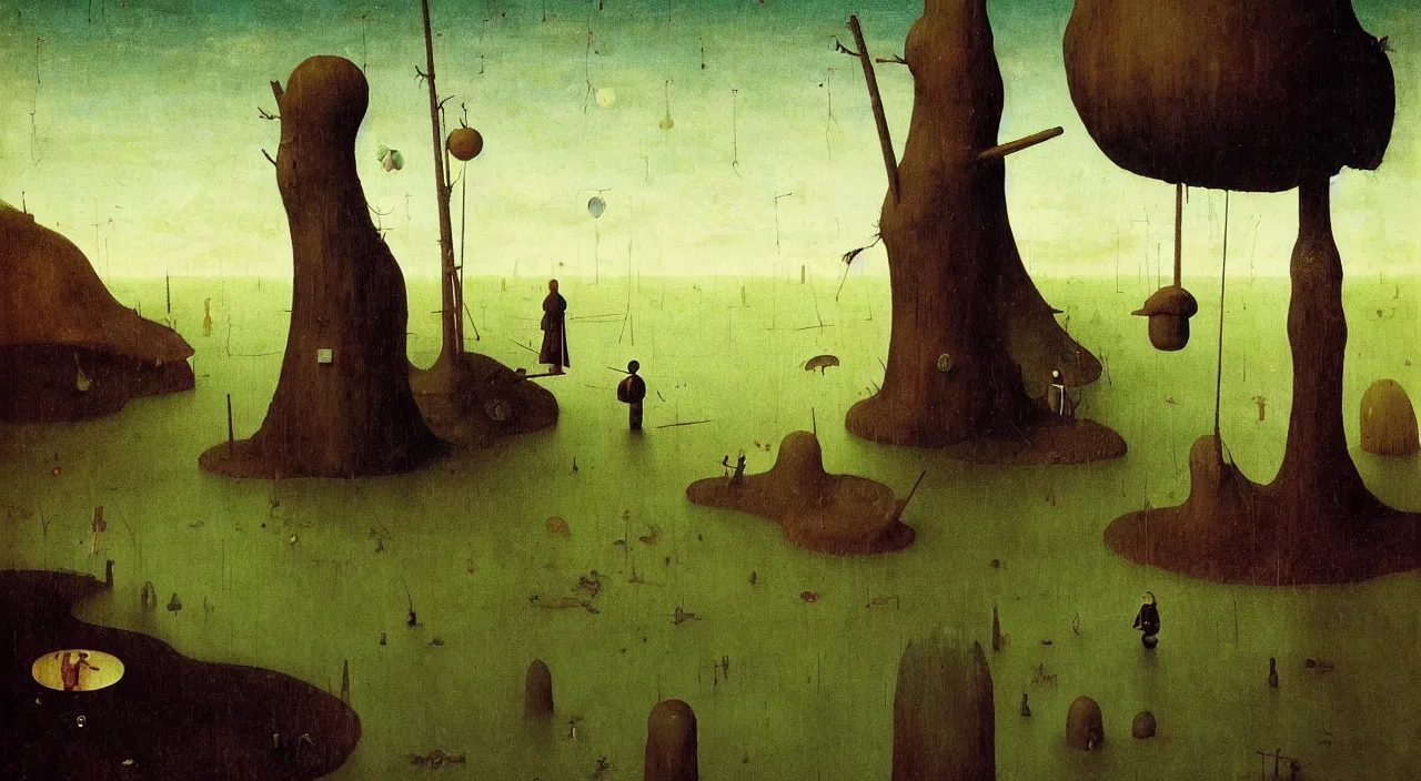 Prompt: single flooded simple!! wooden fungus pole, very coherent and colorful high contrast masterpiece by franz sedlacek hieronymus bosch dean ellis simon stalenhag rene magritte gediminas pranckevicius, dark shadows, sunny day, hard lighting