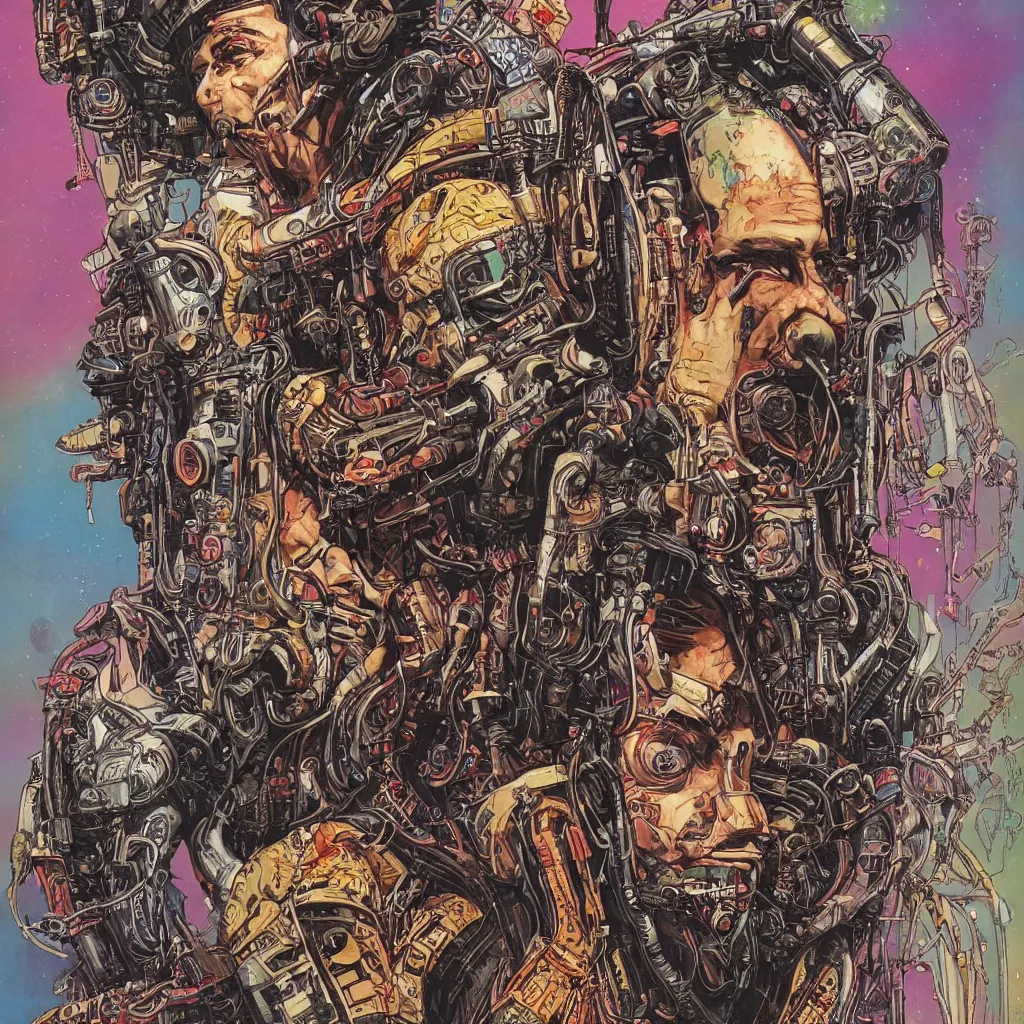 Image similar to A dramatic full-color cyberpunk art nouveau styled bust portrait of philthy animal taylor as a futuristic space punk rebel drum soldier, hyperdetailed artwork by Travis Charest, Chris Achilleos, Walt Simonson and Bill Sienkiewicz, wild power, crazy fun, rebelliousness, confident laughing eyes, tarnished and rusted metal, blade runner architecture, perfectly symmetrical facial features, 8k, deeply hyperdetailed, moody cinematic lighting, realistic mechanical details, 8k, UHD, HDR