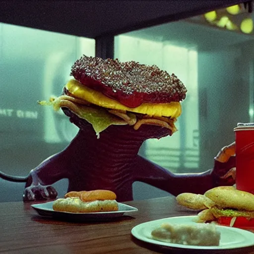 Image similar to the strange cheeseburger creature at the fast food place, film still from the movie directed by denis villeneuve and david cronenberg with art direction by salvador dali and zdzisław beksinski, wide lens