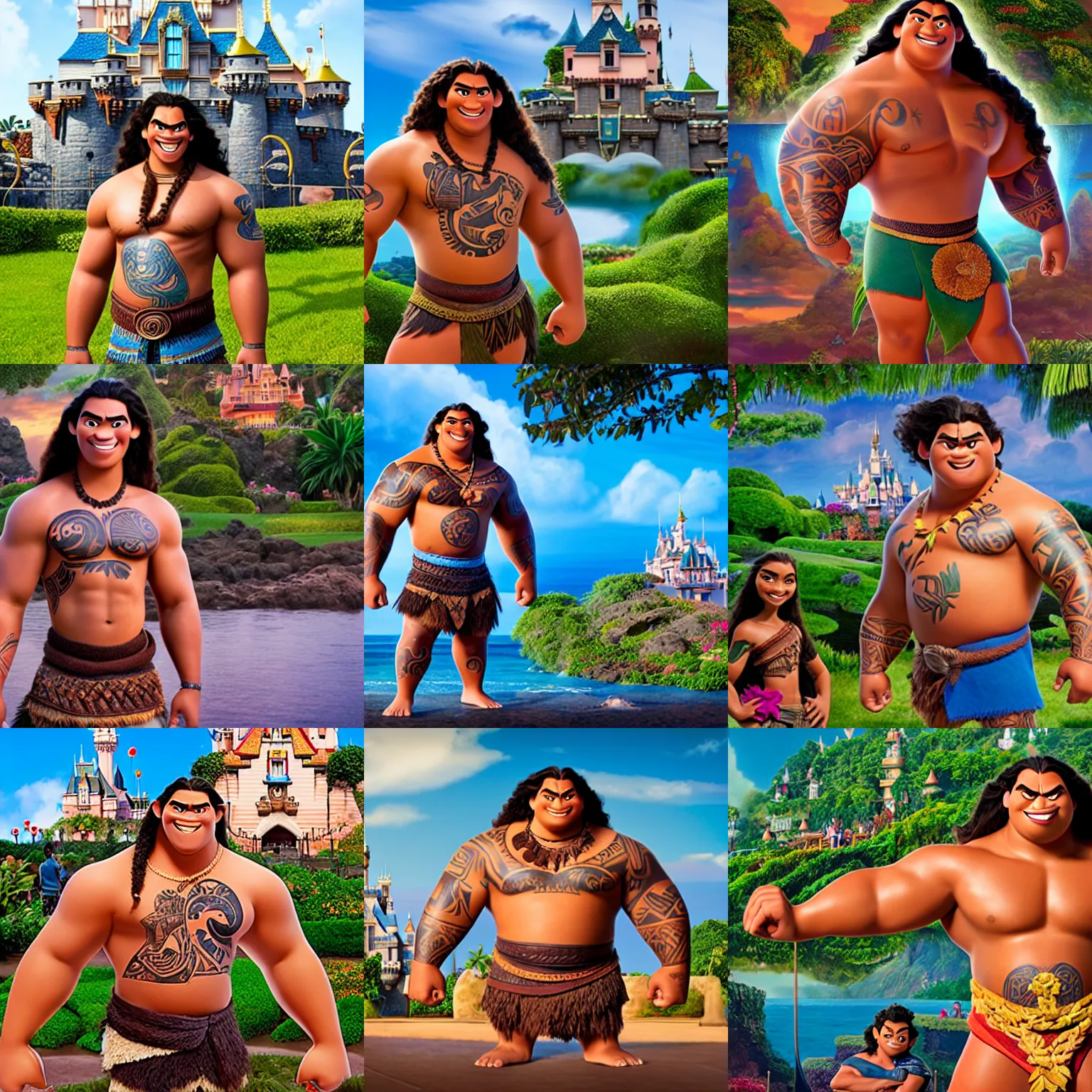 Prompt: maui, male demigod from the movie moana at disneyland, muscular, tattoos all over body, standing in front of sleeping beauty castle, background is disneyland castle, realistic photo, as real person