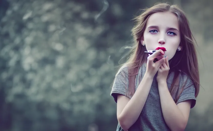 Prompt: portrait photography of a cute young girl smoking a cigarette, photorealistic, detailed, 4 k