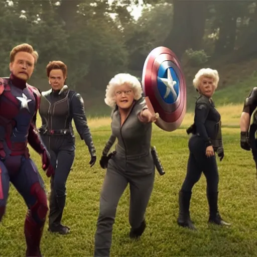 Image similar to Avengers Endgame (2019) played by the the Golden Girls, 8K, 4K, action shot, movie still, cinematic