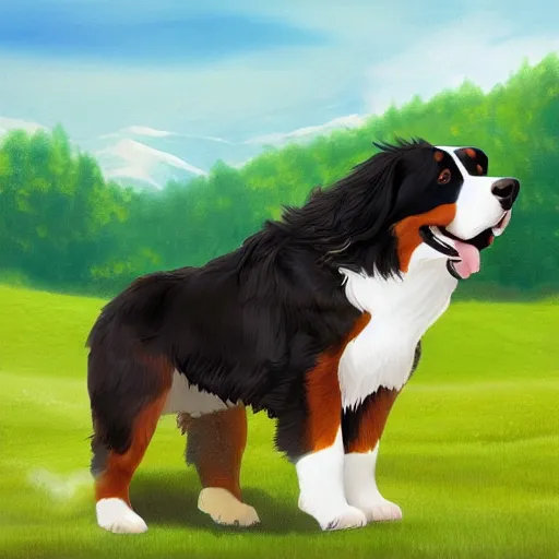 Image similar to girl riding giant Bernese Mountain Dog in the park, trending on artstation