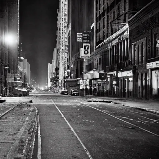 Image similar to color photograph, highly detailed abandoned New York city street at night after the war between humans and AIs, film grain, soft vignette, sigma 85mm f/1.4 1/10 sec shutter, film still promotional image, IMAX 70mm footage