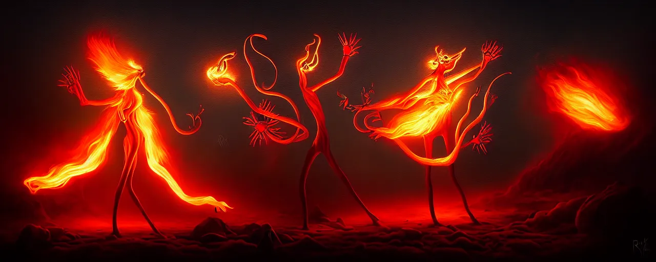 Image similar to whimsical fiery alchemical creatures, surreal dark uncanny painting by ronny khalil