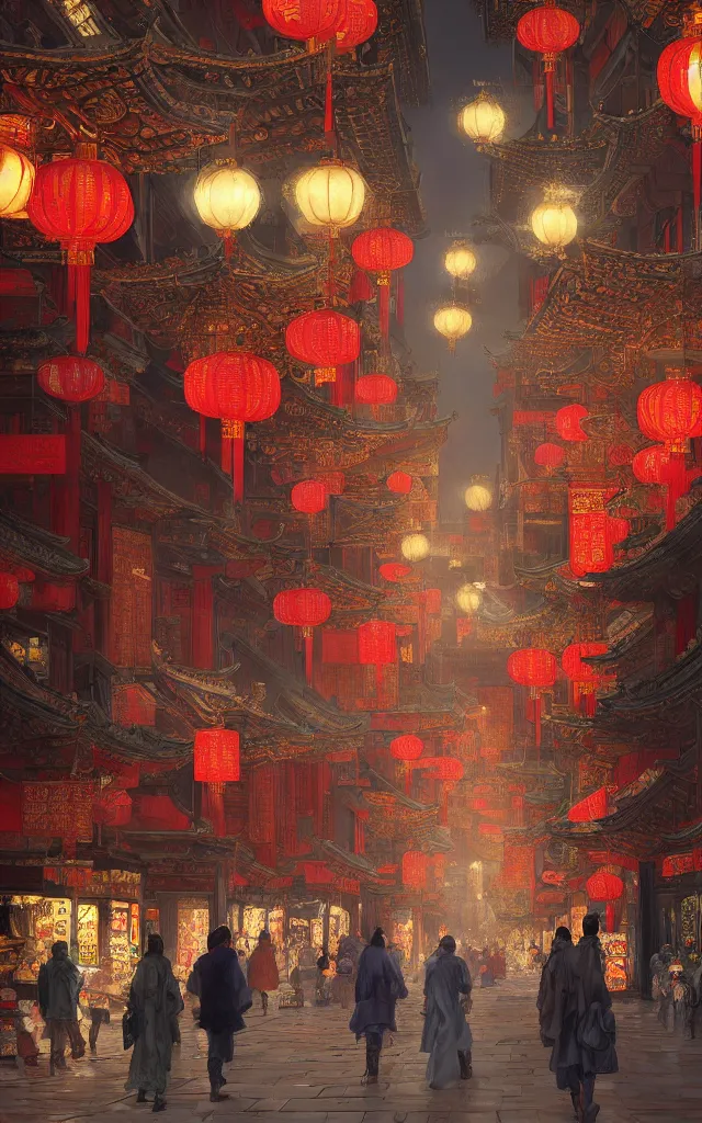 Image similar to epic scenery of a shopping street in the Chinese imperial city, intricate, elegant, volumetric lighting, digital painting, highly detailed, artstation, sharp focus, illustration, concept art, ruan jia, steve mccurry