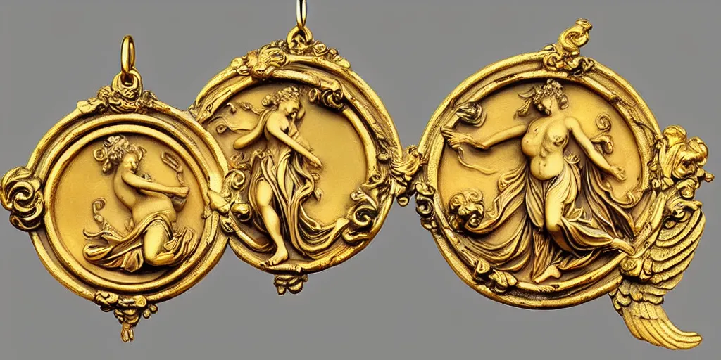 Prompt: Venus Athena beautiful gracious pagans baroque marble and gold medallions in space clouds winged angels greeks, baroque and rococo ornaments, decorative golden elements, ultrarealistic