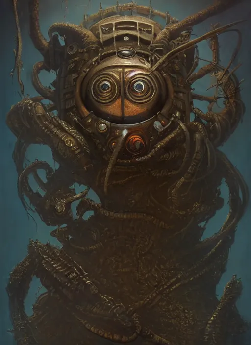 Prompt: bioshock big daddy mf doom reptile eyes, rusty skin. intricate, elegant, highly detailed, centered, digital painting, artstation, concept art, smooth, sharp focus, illustration, artgerm, tomasz alen kopera, peter mohrbacher, donato giancola, joseph christian leyendecker, wlop, frank frazetta