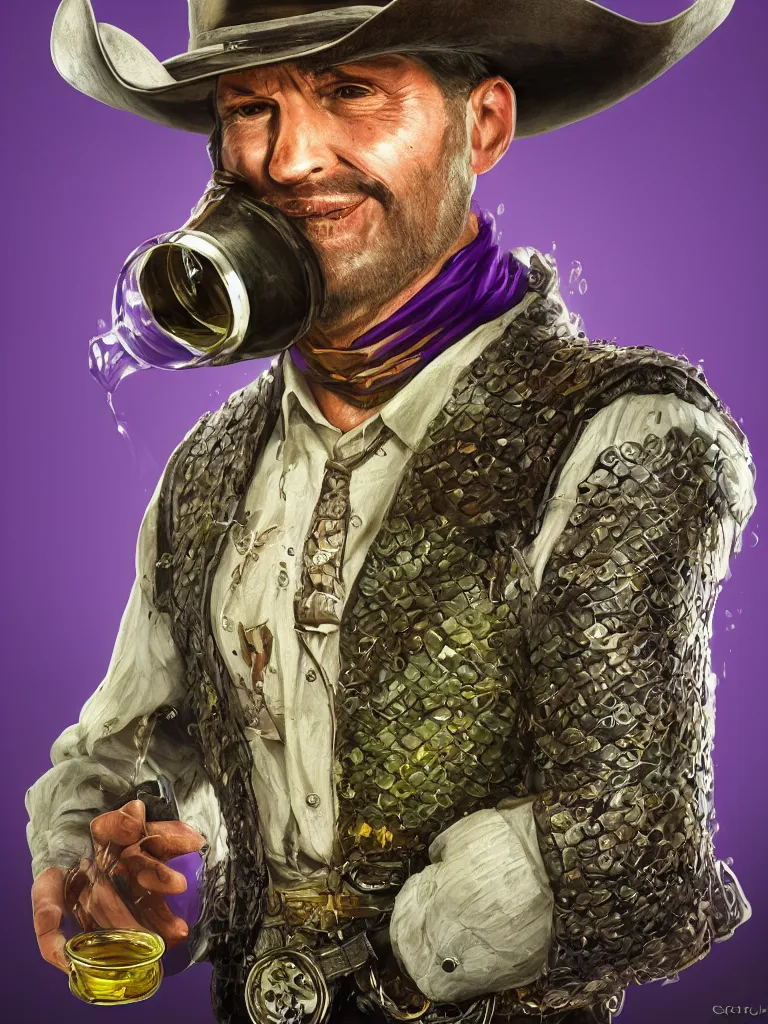 Image similar to professional corporate portrait closeup headshot profile picture of cowboy snake oil salesman wearing purple green medieval armour with snake oil stimulant tonic formula tincture dripping from his lips and dollar bill print tinted skin, by Greg Rutkowski, 8K, hyper detailed, realistic, by onesal, by sixnfive , behance 3d , studio photography DSLR, Photoreal epic composition