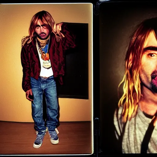 Image similar to Polaroid photograph of very Kurt Cobain!! and very Tupac Shakur!! in a club, blurry, XF IQ4, 150MP, 50mm, F1.4, ISO 200, 1/160s, Adobe Lightroom, photolab, Affinity Photo, PhotoDirector 365,