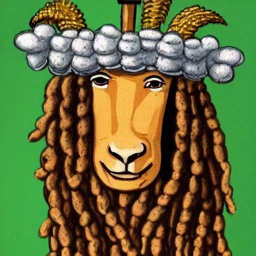 Prompt: a funny medieval wall painting of a rastafarian sheep with dreadlocks, highly detailed, trending on artstation