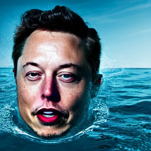 Image similar to water artwork manipulation in the shape of the face of elon musk, on the ocean water, ray tracing, realistic water sharp focus, long shot, 8 k resolution, cinematic, amazing water art