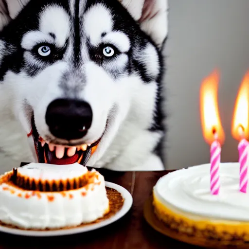 Image similar to a high - quality photo of a husky eating a birthday cake, f 3. 5, sharpened, iso 2 0 0