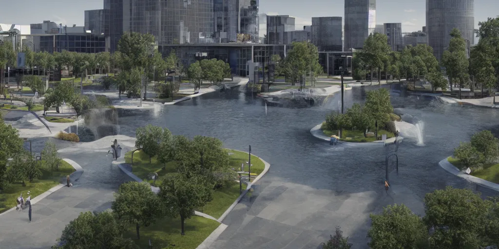 Image similar to city center public park, modern landscape architectural design for industrialpunk, water in the middle, dramatic lighting and composition, octane render, unreal engine 5, 8k