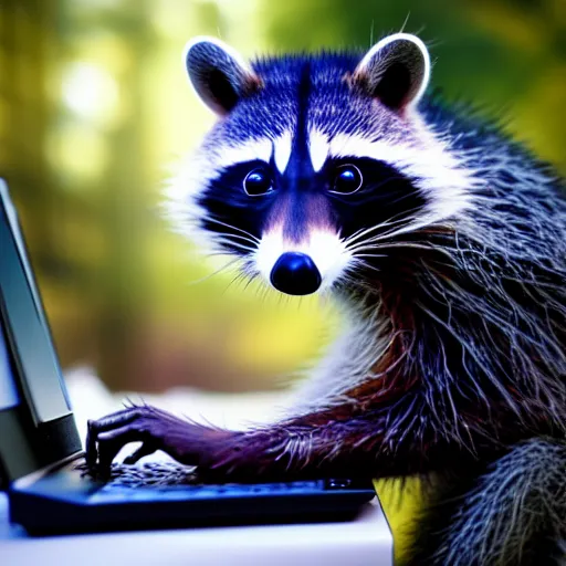 Prompt: photograph of a racoon using a computer, filmic, cinematographic