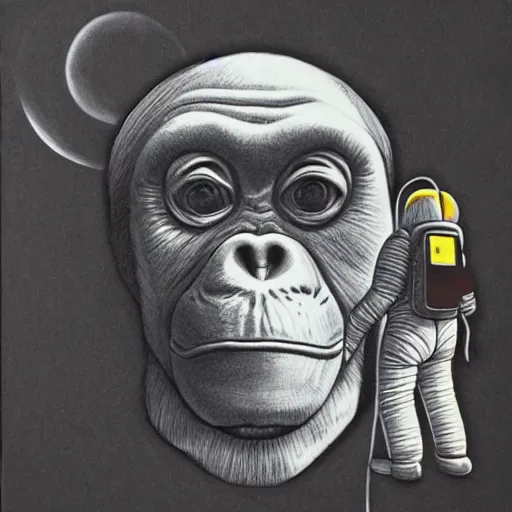 Image similar to pencil art, realistic self portrait, astronaut with a chimpanzee, psychedelic, solar eclipse.