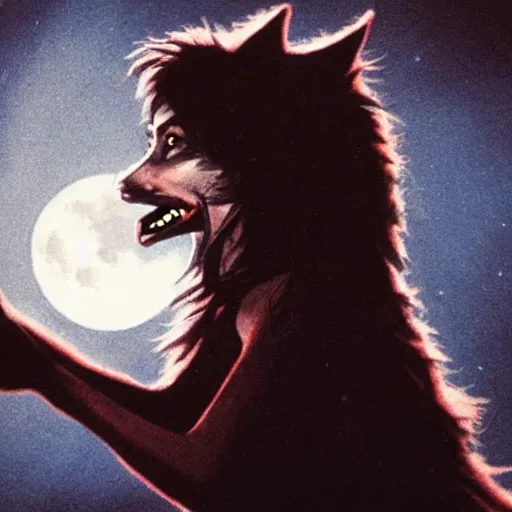 Image similar to Kate Bush as a werewolf howling at the moon