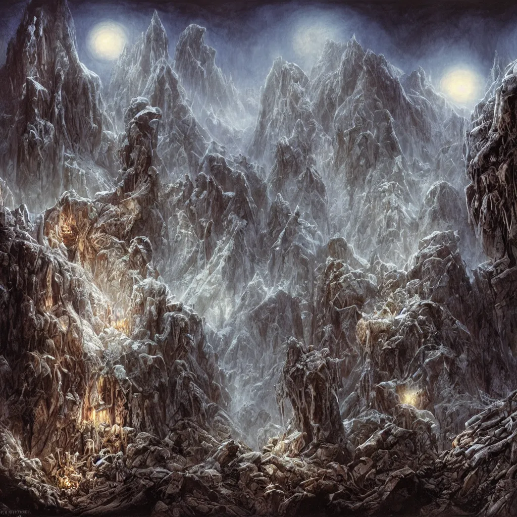 Image similar to haunted mountains of madness at night, upward cinematic angle, by rodney matthews, michael kaluta and bill sienkiewicz, ghostly darkness, thick lush winter atmosphere, stunning composition, screaming skull faces, intricate, dark eerie night color scheme, elegant, digital art, hyperdetailed, colorful hyperrealism, brilliant photorealism, horror, masterpiece, 4k