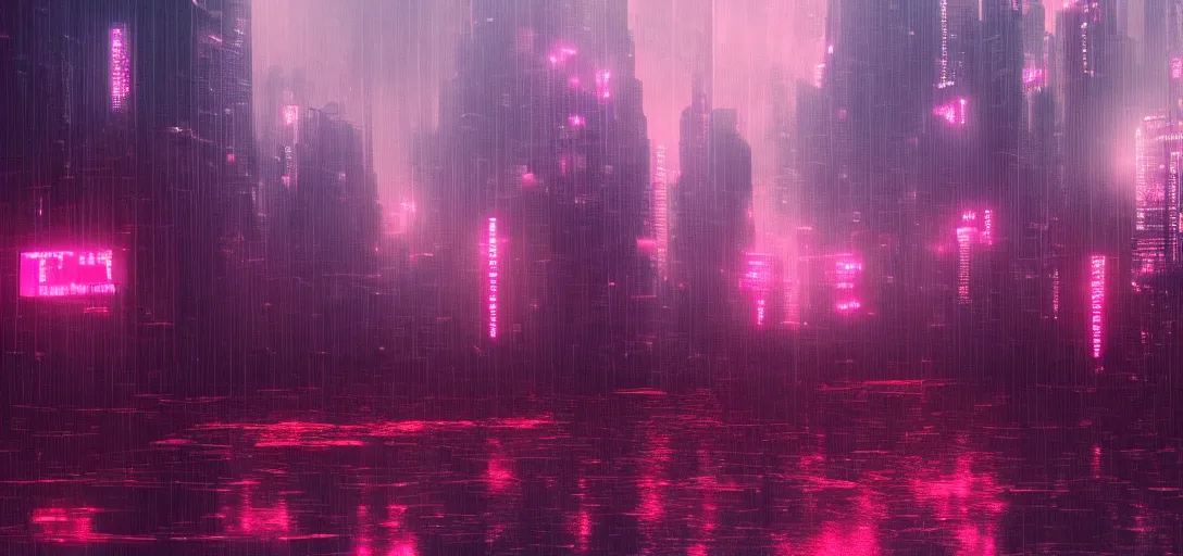 Image similar to Look of an aesthetic cyberpunk skyline, rain, afternoon, pink moody scene, digital art, 8k, moody details