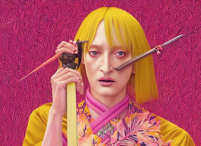 Image similar to breathtaking detailed pattern pastel colors of uma thurman ( kill bill ) in yellow kimono, with hatori hanzo katana sword and autumn leaves, by hsiao - ron cheng, bizarre compositions, exquisite cinematic detail, enhanced eye detail