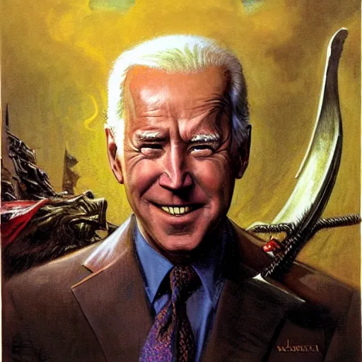 Image similar to mystical portrait of joe biden as cthonic war deity by j. c. leyendecker, bosch, willim blake, jon mcnaughton, and beksinski