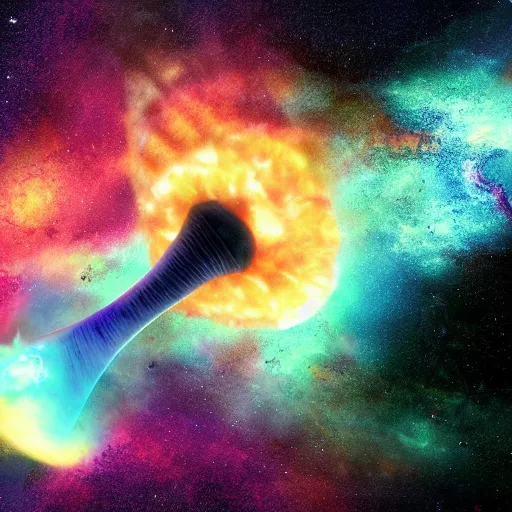 Prompt: dramatic render of a galaxy flavored ice cream cone flying through a space nebula, cgsociety, artstation, 4k