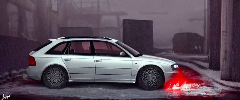 Image similar to Audi A4 B6 Avant (2002), a gritty neo-noir, dramatic lighting, cinematic, eerie person, death, homicide, homicide in the snow, viscera splattered all over the car, gunshots, establishing shot, extremely high detail, photorealistic, red mist, arson, burning city, cinematic lighting, artstation, by simon stalenhag, Max Payne (PC) (2001) winter New York at night, In the style of Max Payne 1 graphic novel, flashing lights, Poets of the Fall - Late Goodbye