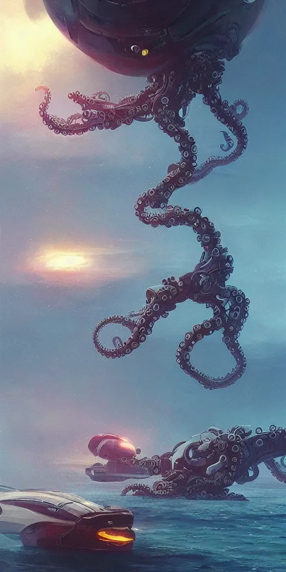 Image similar to robotic mechanical octopus shaped spaceship with long tendrils crashing into the sea, scifi concept art, by john harris, by simon stalenhag, stunning, award winning