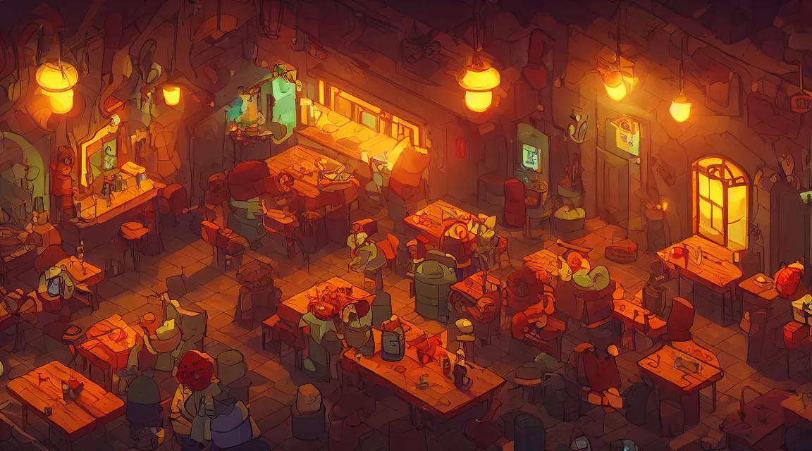 Image similar to A multidimensional cozy tavern, retro video game vibe, cinematic lighting, epic composition, cartoon, animation, background art, post processing, 8K resolution