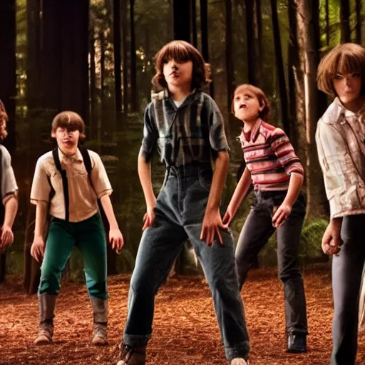 Image similar to Stranger Things cast dancing in a forest, 8k UHD, high quality, studio photo,