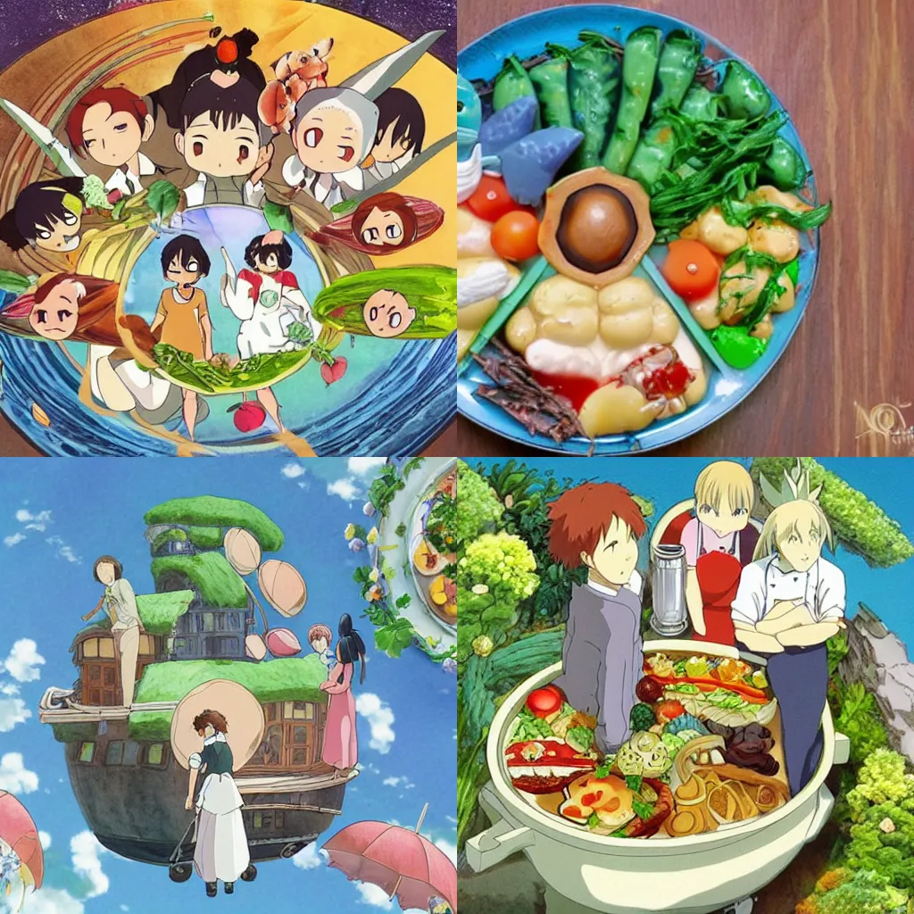 Prompt: a delicious beautiful dish of food, in style of studio ghibli, anime