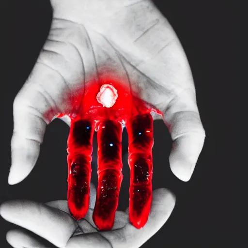 Prompt: hand of ice with glowing veins, black background, red