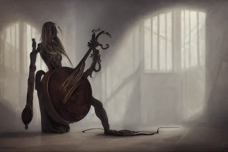 Image similar to still life painting, a lute with smoke wisping up from its smoldering string, cursed baroque with ebony inlay, designed by brian froud and hr giger leans against the wall alone, abandoned. an empty brutalist chamber, lonely, somberlate afternoon lighting cinematic fantasy painting by jessica rossier