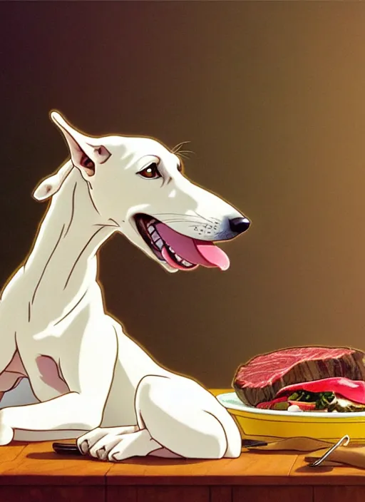 Image similar to cute white brown greyhound eating juicy steak, natural lighting, path traced, highly detailed, high quality, digital painting, by don bluth and ross tran and studio ghibli and alphonse mucha, artgerm