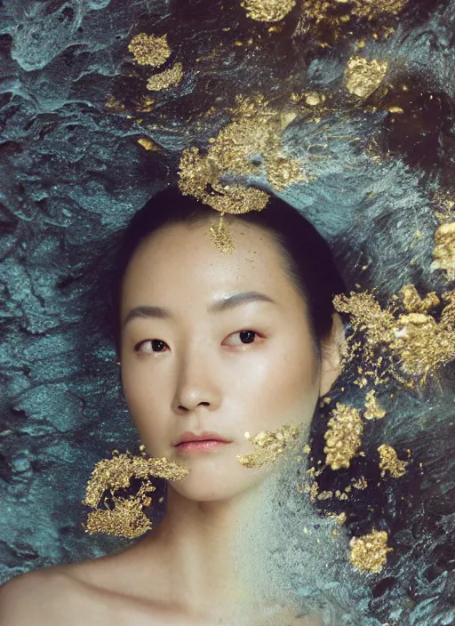Prompt: Kodak Portra 400, 8K, soft light, volumetric lighting, highly detailed, Kasumi Arimura style 3/4 ,portrait photo of Japanese princess, the face emerges from a thermal water flowing down gold travertine terraces, with lotus flowers, inspired by Ophelia paint , a beautiful luxurious royal suit, intricate hair with highly detailed realistic beautiful flowers , Realistic, Refined, Highly Detailed, ethereal lighting colors scheme, outdoor fine art photography, Hyper realistic, photo realistic