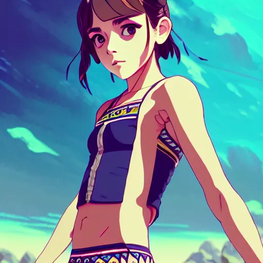 Image similar to a beautiful boyish emma watson alluring instagram model, wearing japanese hiphop aztec leotard outfit with mayan pattern and native style, aztec street fashion bathing suit, botw style, gapmoe yandere grimdark, trending on pixiv fanbox, painted by greg rutkowski makoto shinkai takashi takeuchi studio ghibli, akihiko yoshida