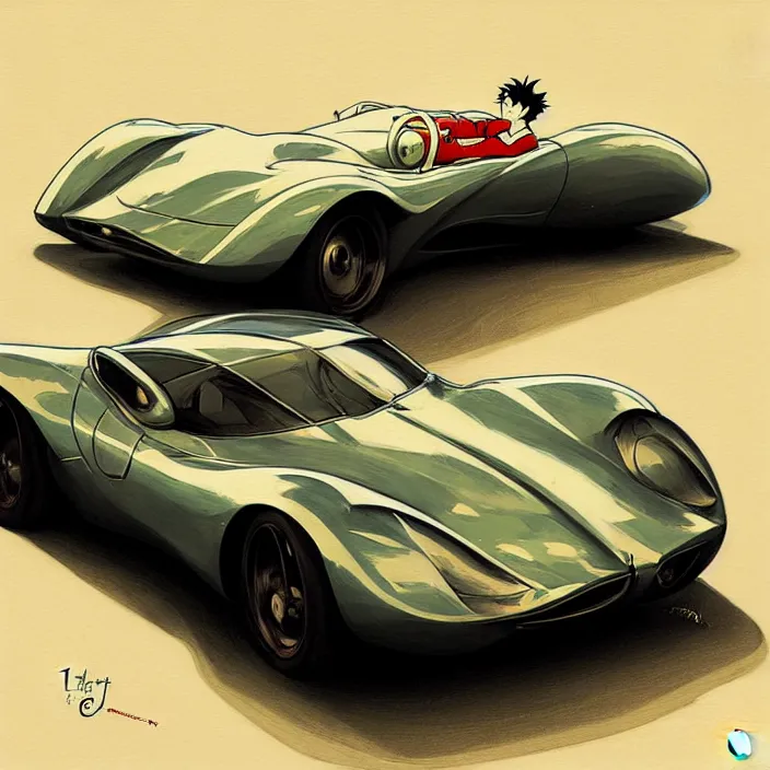 Image similar to fast car on highway, in the style of studio ghibli, j. c. leyendecker, greg rutkowski, artem