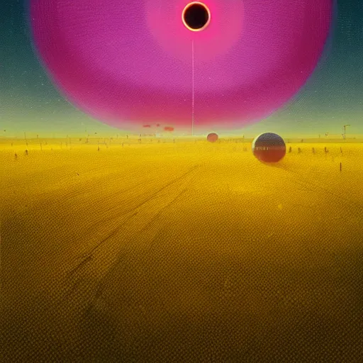 Prompt: big orb eye flying above the yellow field of wheat by simon stolenhag artstation dark moody colorful digital art