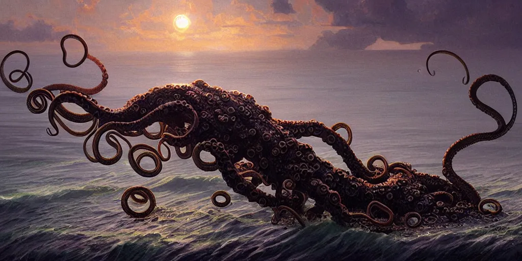 Prompt: a tentacled creature emerging from the ocean near a fishing village in large landscape, night colors, high - key lighting, beautiful composition, intricate, gradient from green to black, pro photography by, highly detailed, digital painting, art by artgerm and greg rutkowski and alphonse mucha, smooth, sharp focus illustration