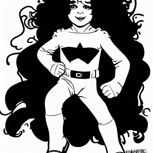 Prompt: clean simple line art of a little girl with short wavy curly hair. she is a superhero, wearing a superhero costume. white background. well composed, clean black and white line drawing, beautiful detailed face. illustration by charlie adlard and steve ditko