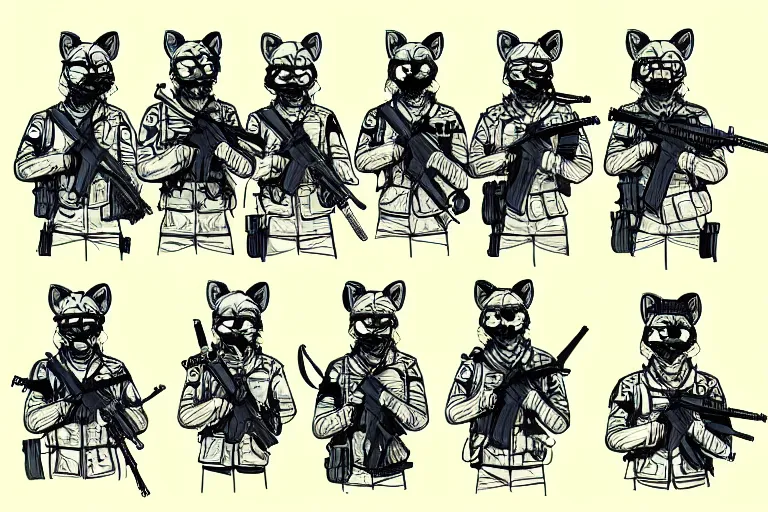 Image similar to ink study of a group of furry modern army soldiers with animal ears, fish eye perspective, key visual with intricate linework, in the style of kim jung gi