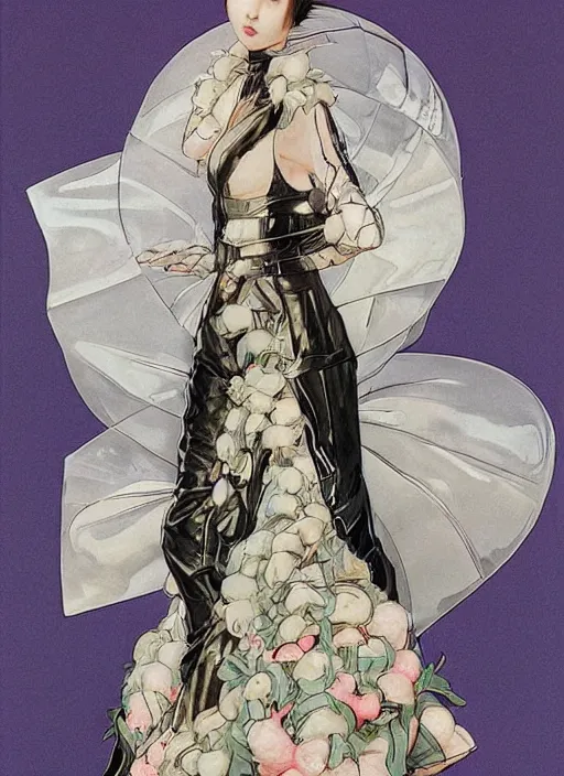 Image similar to a copic maker art nouveau portrait of a real japanese model girl detailed features wearing a puffy futuristic weeding puffy and latex suit dress designed by balenciaga by john berkey, norman rockwell akihiko yoshida