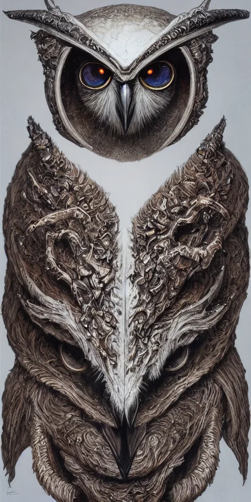 Image similar to sideview waist up portrait of owl wear baphomet armor made with porcelain by jeff easley and peter elson, beautiful eyes and face, symmetry face, galaxy, gothic, surreal, dread, highly detailed, intricate complexity, epic composition, magical atmosphere, masterpiece, award winning, trending on artstation