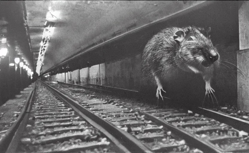 Prompt: old photo from 1 9 6 5. very large giant mutant zombie rat on railways in tonnel of moscow metro. extreme high detail. low dark light, scary atmosphere