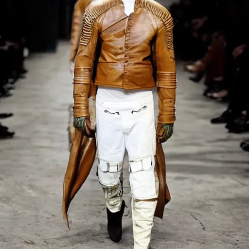 Image similar to a editorial photo of a male model wearing a baggy designer medieval cropped leather menswear jacket by alexander mcqueen